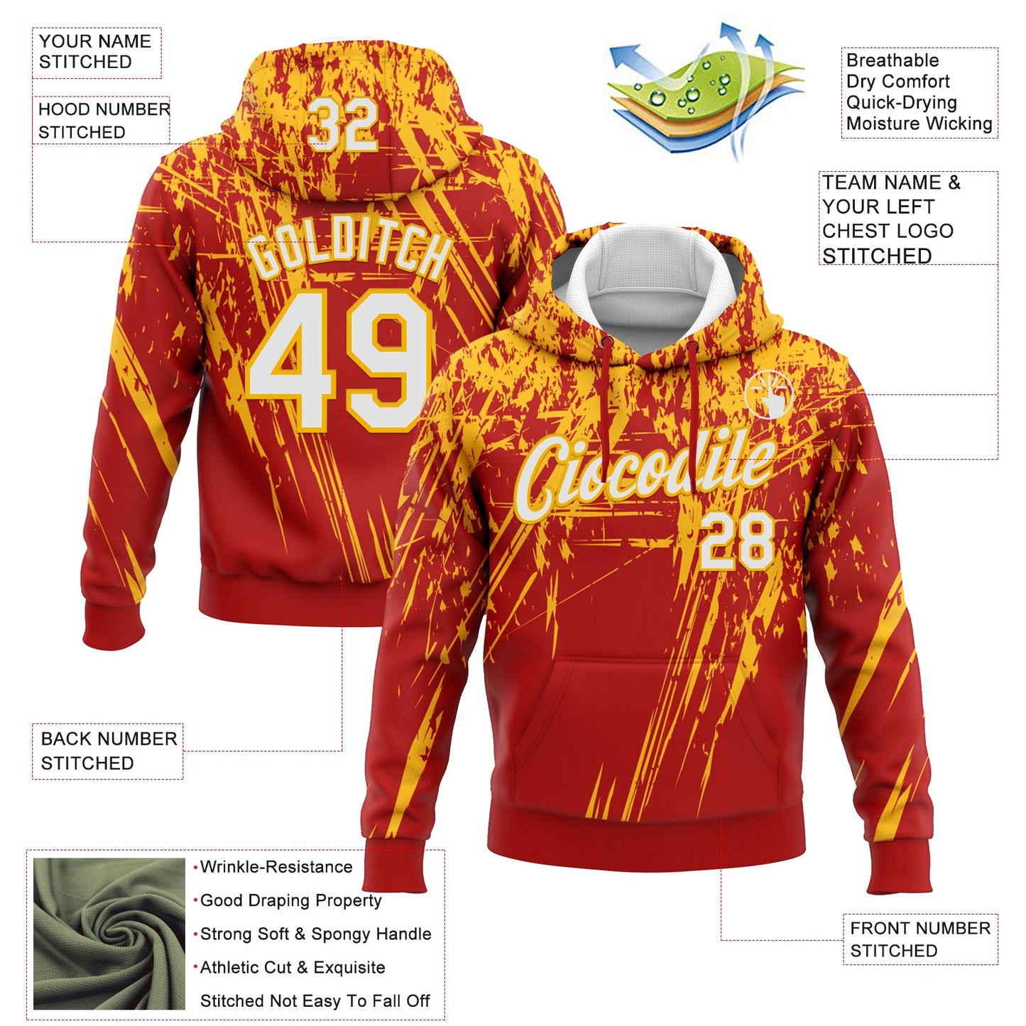 Custom Stitched Red White-Gold 3D Pattern Design Splash Grunge Art Sports Pullover Sweatshirt Hoodie