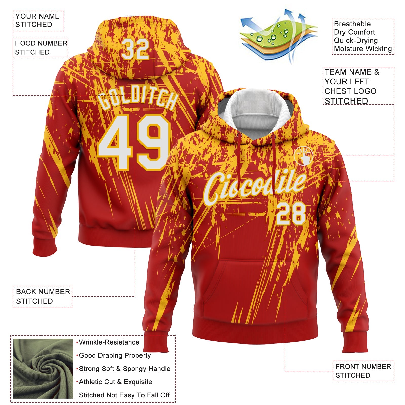 Custom Stitched Red White-Gold 3D Pattern Design Splash Grunge Art Sports Pullover Sweatshirt Hoodie