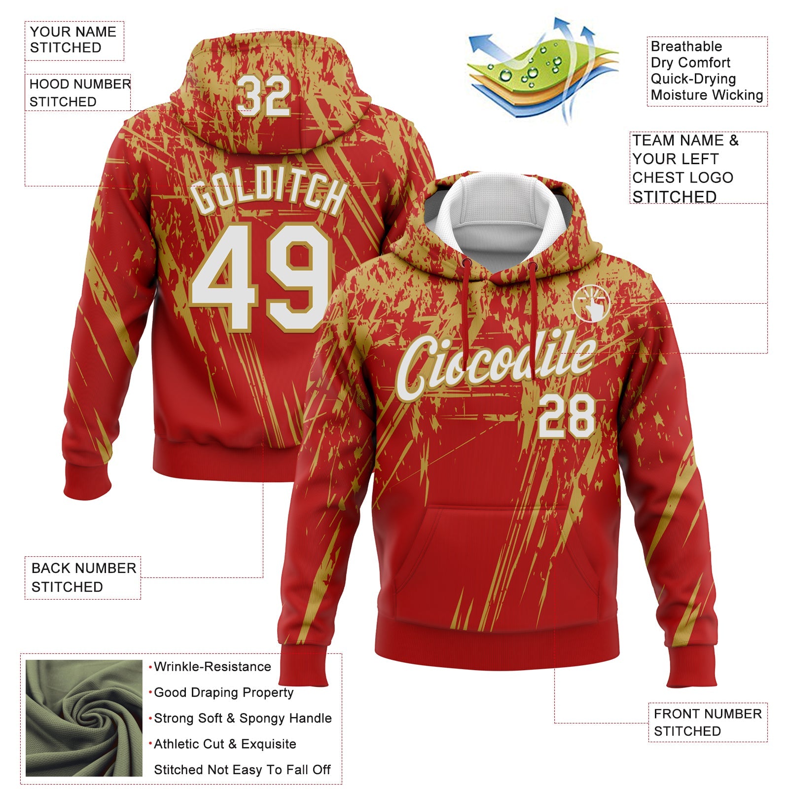 Custom Stitched Red White-Old Gold 3D Pattern Design Splash Grunge Art Sports Pullover Sweatshirt Hoodie