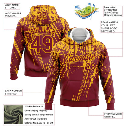 Custom Stitched Crimson Gold 3D Pattern Design Splash Grunge Art Sports Pullover Sweatshirt Hoodie