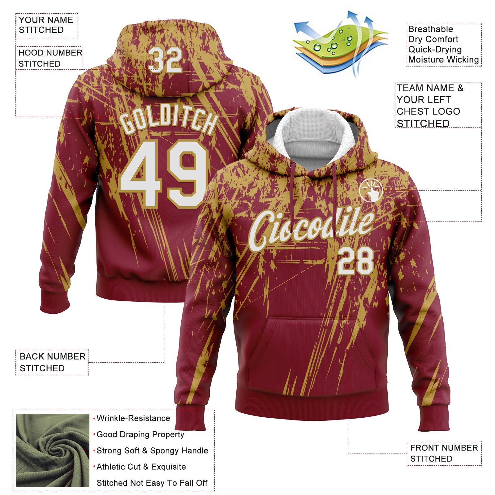 Custom Stitched Crimson White-Old Gold 3D Pattern Design Splash Grunge Art Sports Pullover Sweatshirt Hoodie