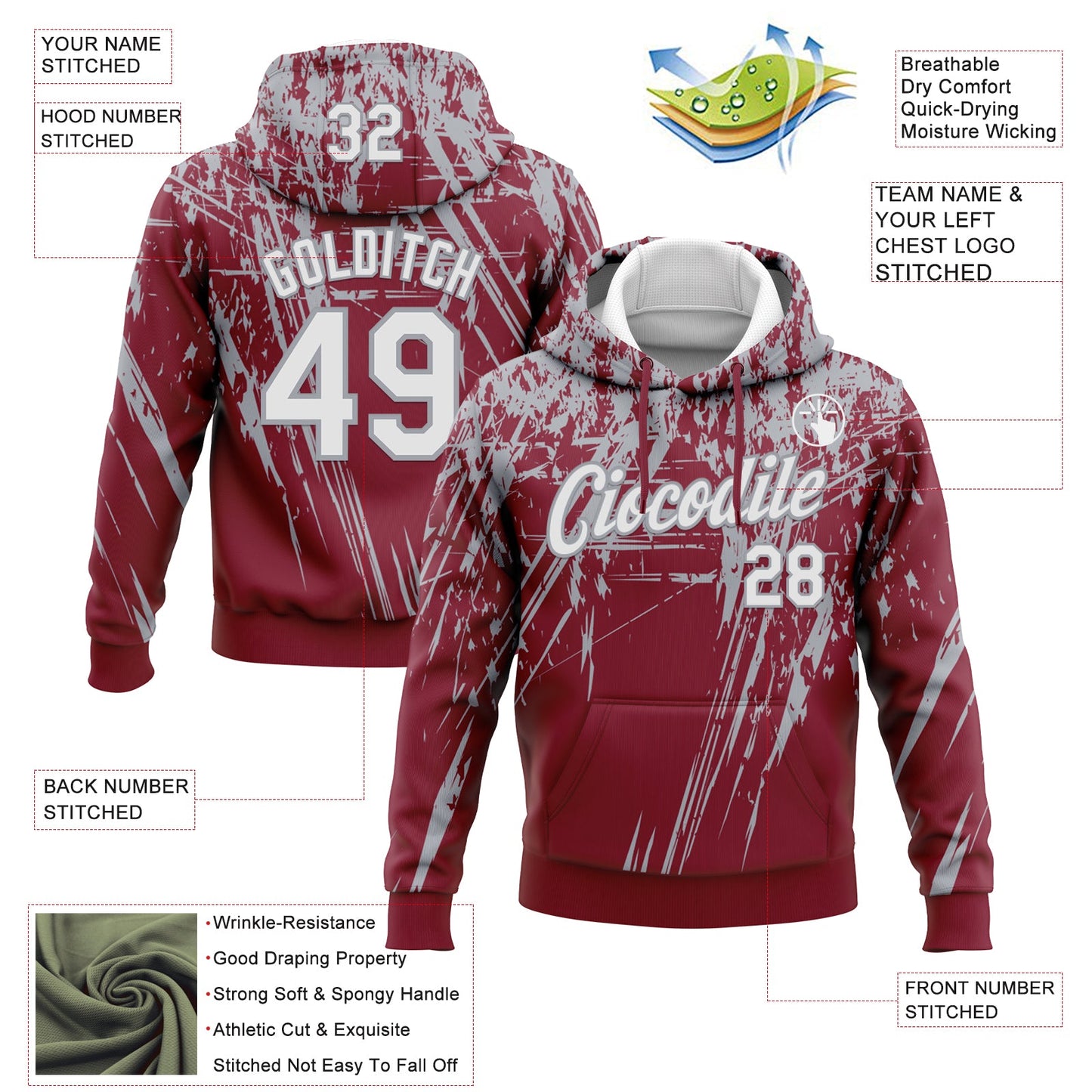 Custom Stitched Crimson White-Gray 3D Pattern Design Splash Grunge Art Sports Pullover Sweatshirt Hoodie