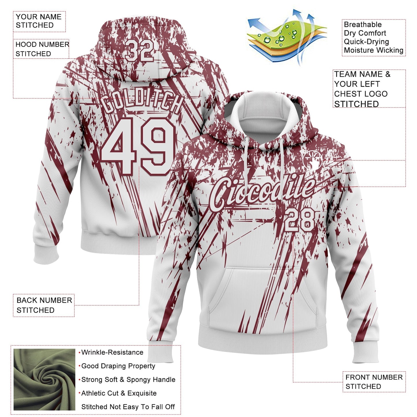 Custom Stitched White Burgundy 3D Pattern Design Splash Grunge Art Sports Pullover Sweatshirt Hoodie