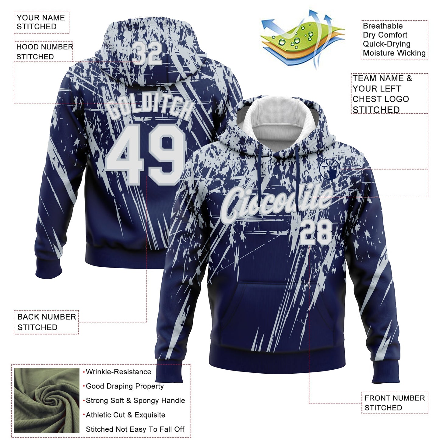 Custom Stitched Navy White-Silver 3D Pattern Design Splash Grunge Art Sports Pullover Sweatshirt Hoodie
