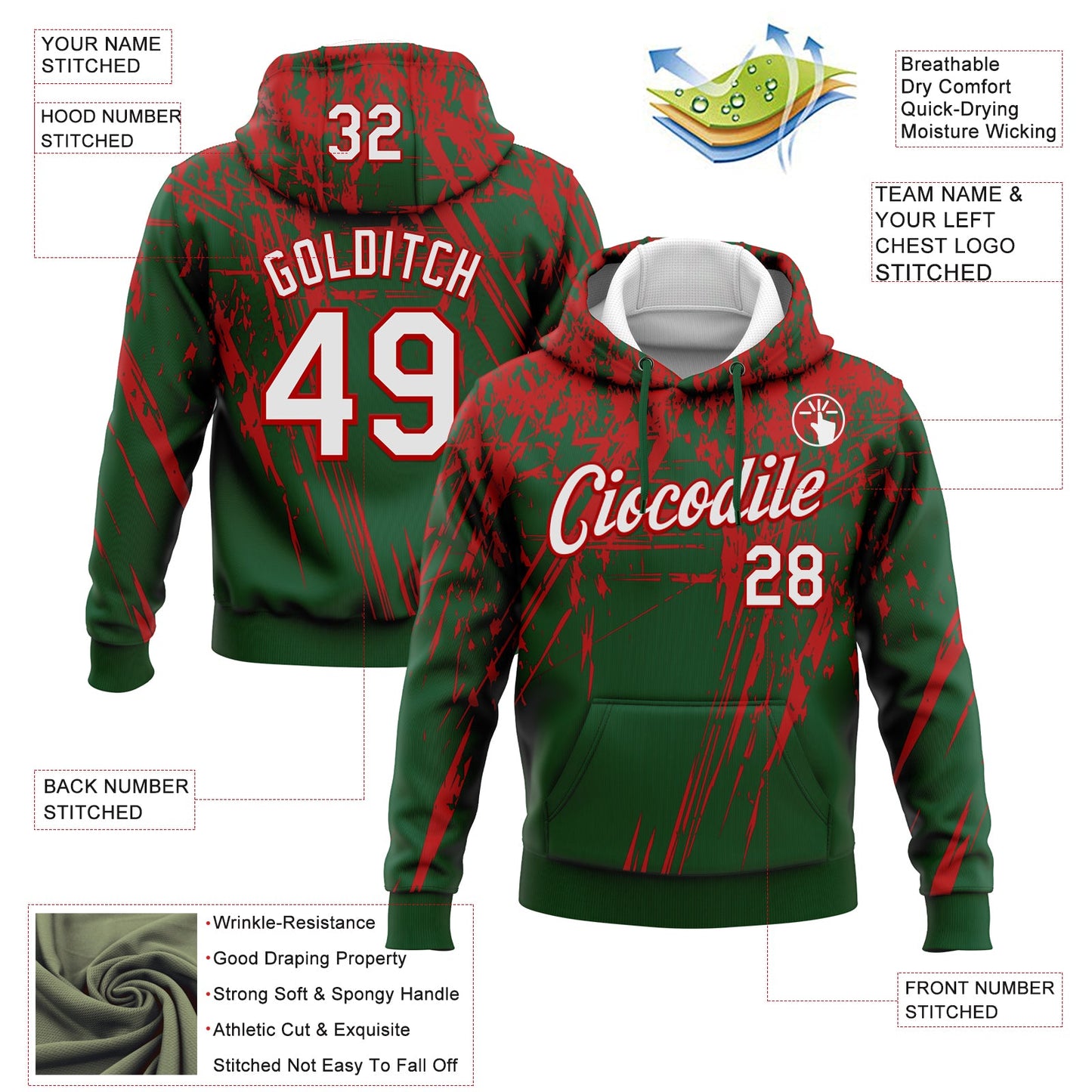 Custom Stitched Green White-Red 3D Pattern Design Splash Grunge Art Sports Pullover Sweatshirt Hoodie