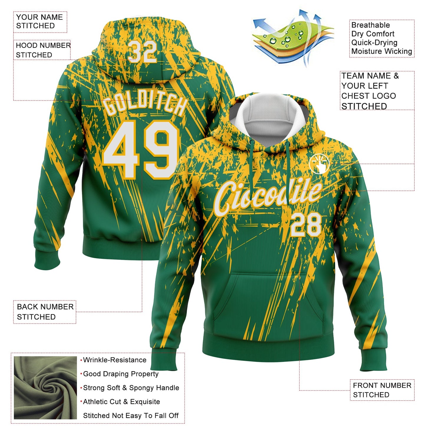 Custom Stitched Kelly Green White-Gold 3D Pattern Design Splash Grunge Art Sports Pullover Sweatshirt Hoodie
