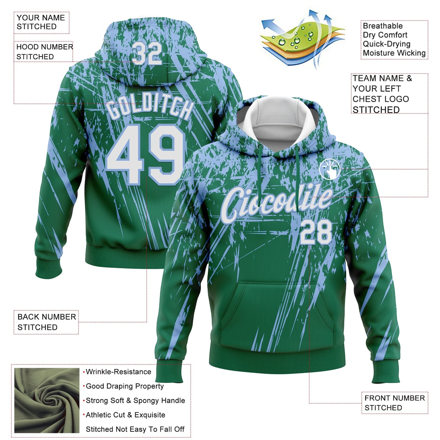 Custom Stitched Kelly Green White-Light Blue 3D Pattern Design Splash Grunge Art Sports Pullover Sweatshirt Hoodie