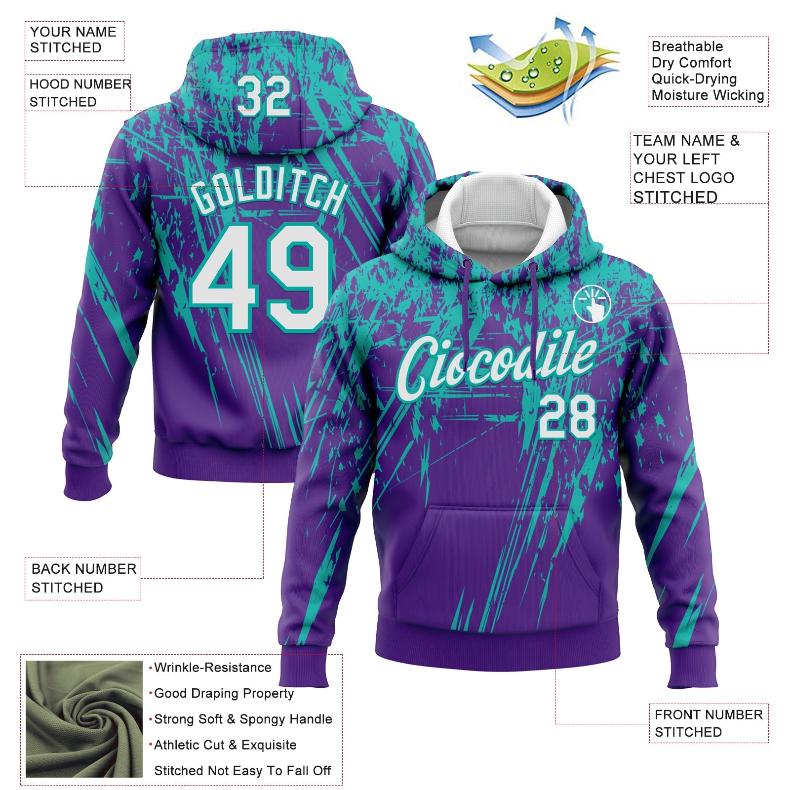 Custom Stitched Purple White-Aqua 3D Pattern Design Splash Grunge Art Sports Pullover Sweatshirt Hoodie