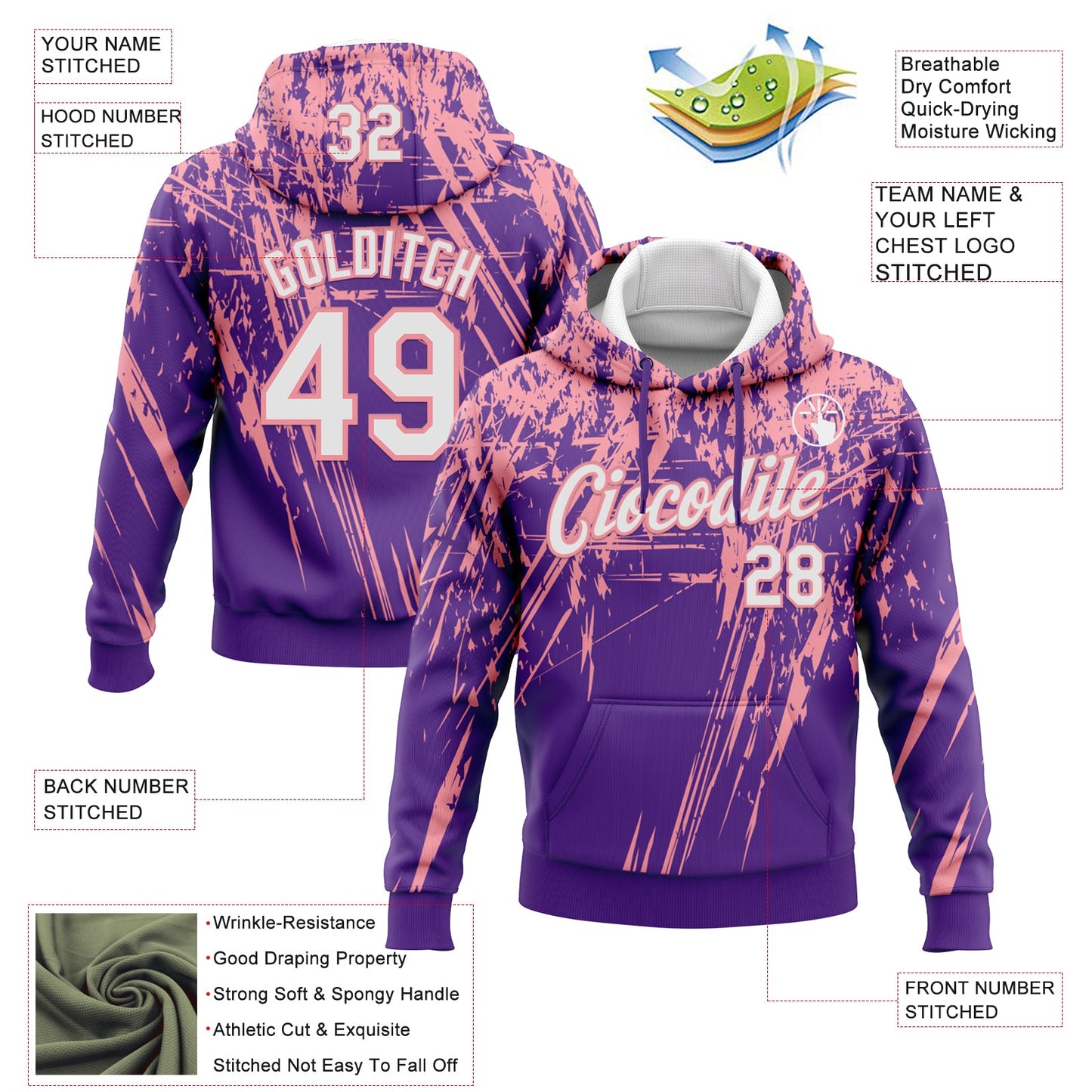 Custom Stitched Purple White-Medium Pink 3D Pattern Design Splash Grunge Art Sports Pullover Sweatshirt Hoodie