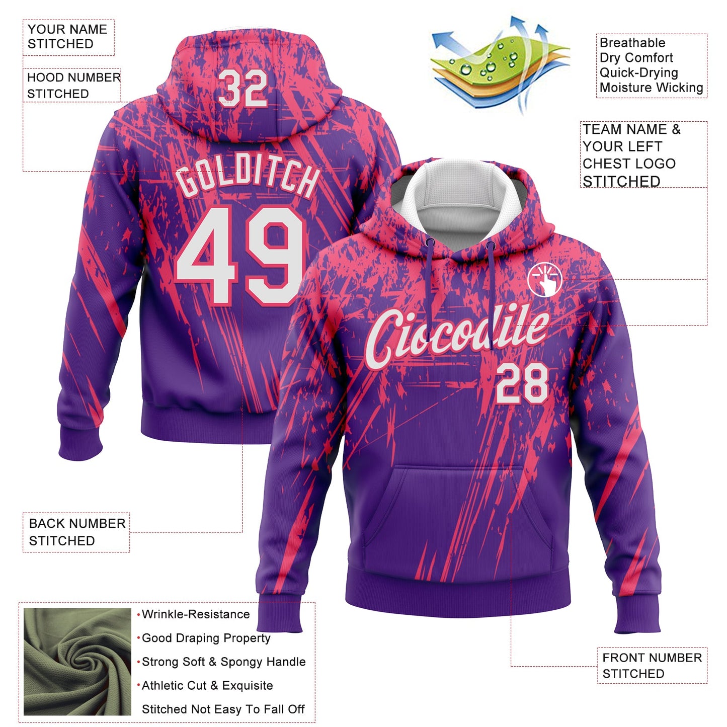 Custom Stitched Purple White-Neon Pink 3D Pattern Design Splash Grunge Art Sports Pullover Sweatshirt Hoodie
