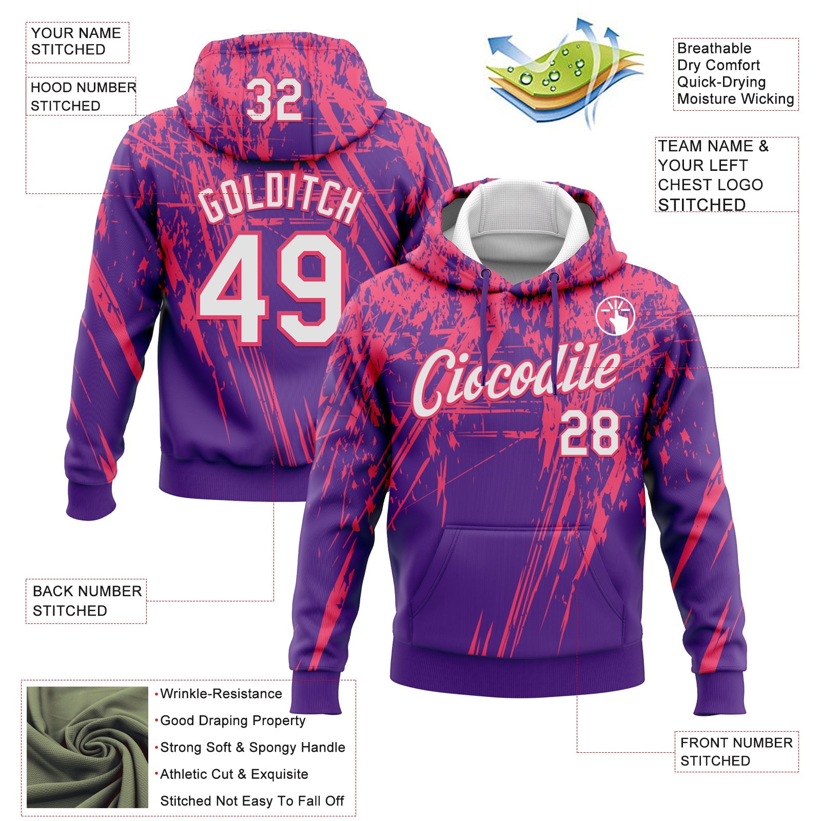 Custom Stitched Purple White-Neon Pink 3D Pattern Design Splash Grunge Art Sports Pullover Sweatshirt Hoodie