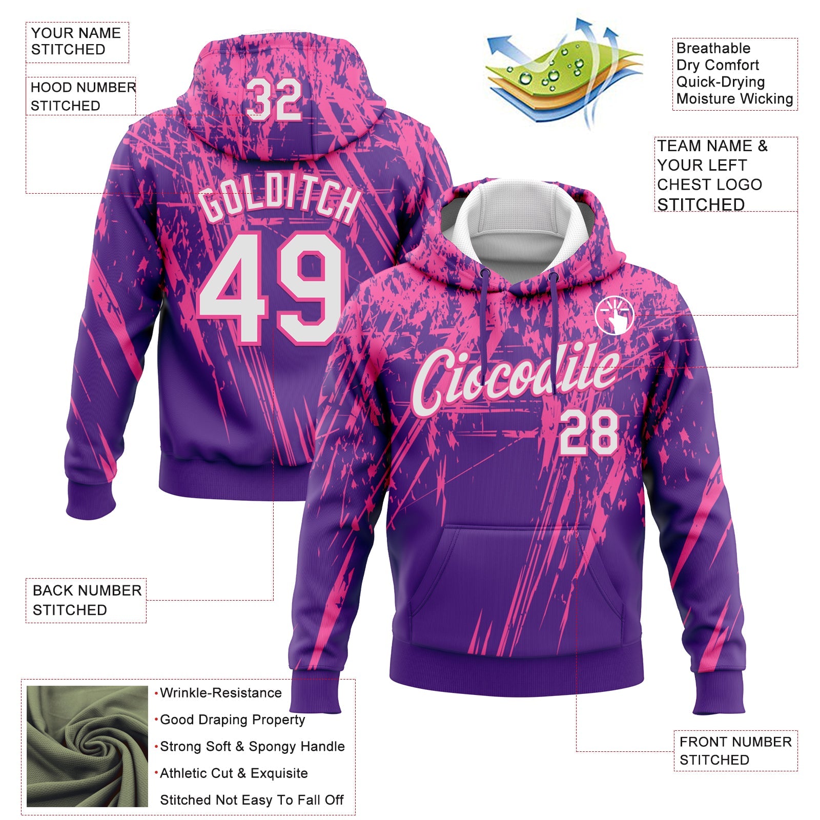 Custom Stitched Purple White-Pink 3D Pattern Design Splash Grunge Art Sports Pullover Sweatshirt Hoodie