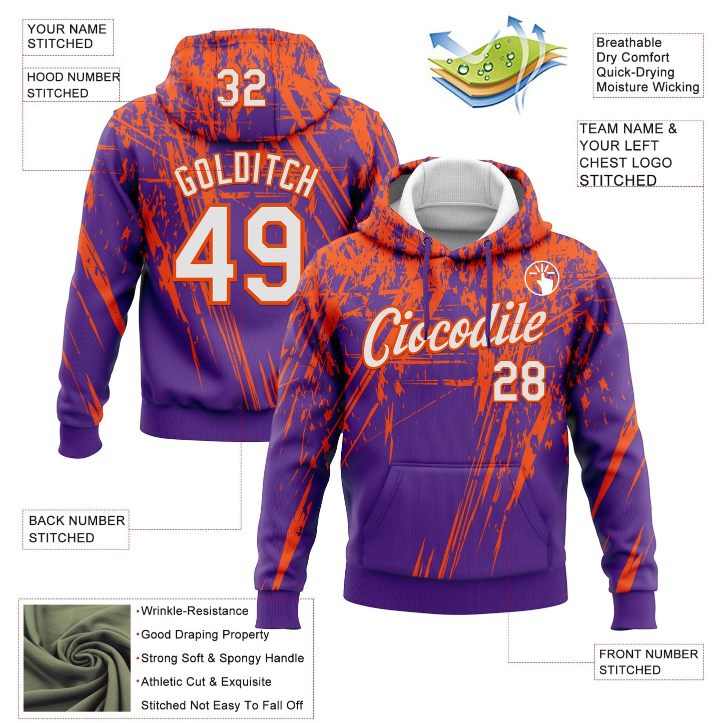 Custom Stitched Purple White-Orange 3D Pattern Design Splash Grunge Art Sports Pullover Sweatshirt Hoodie