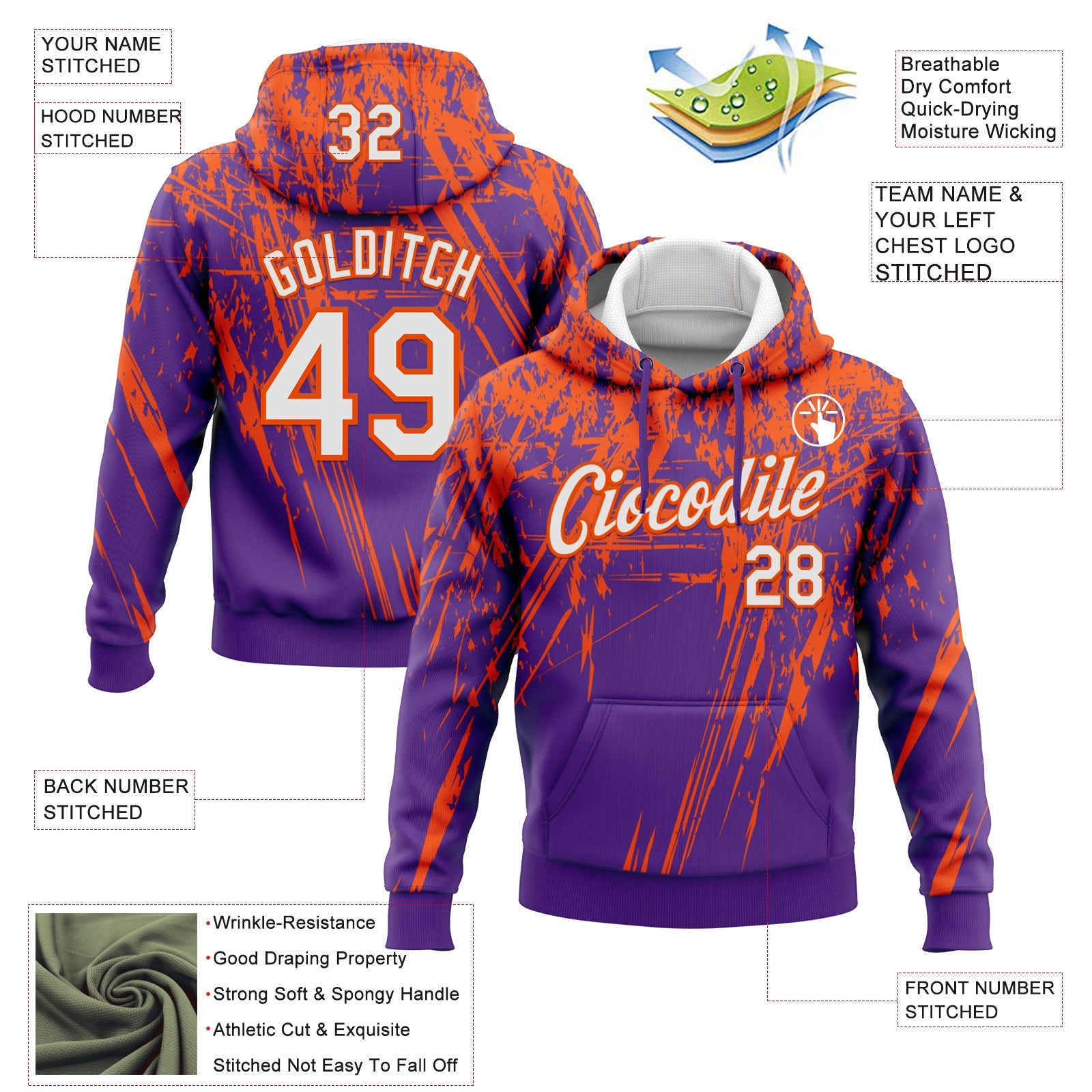 Custom Stitched Purple White-Orange 3D Pattern Design Splash Grunge Art Sports Pullover Sweatshirt Hoodie