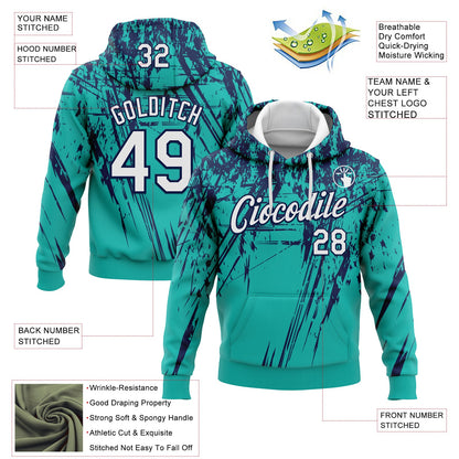 Custom Stitched Aqua White-Navy 3D Pattern Design Splash Grunge Art Sports Pullover Sweatshirt Hoodie