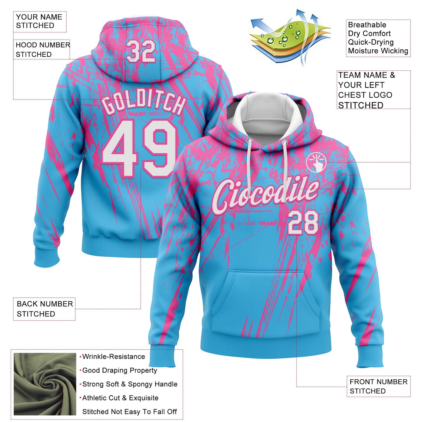 Custom Stitched Sky Blue White-Pink 3D Pattern Design Splash Grunge Art Sports Pullover Sweatshirt Hoodie
