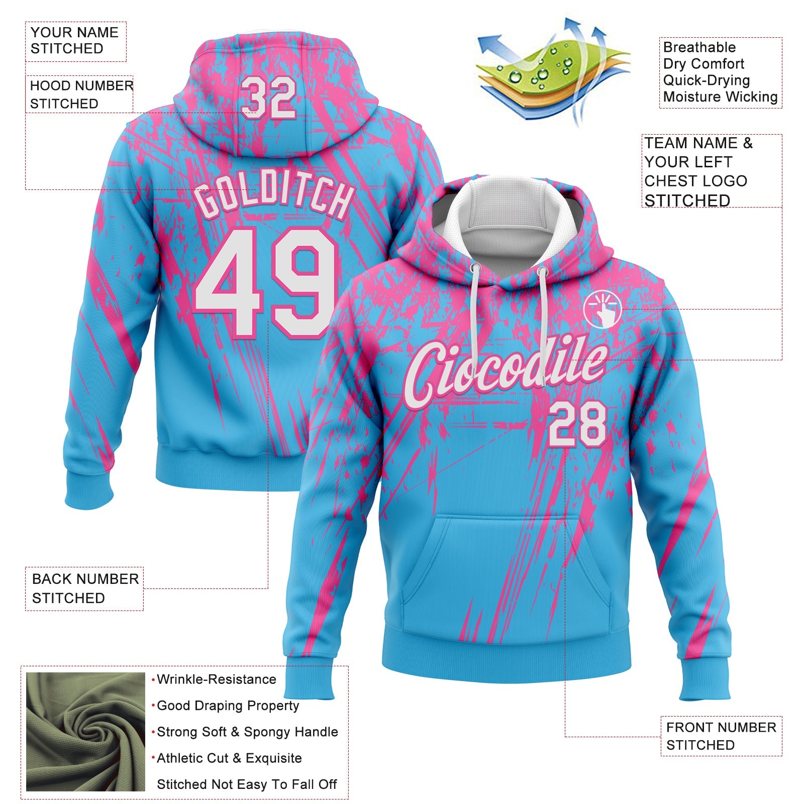 Custom Stitched Sky Blue White-Pink 3D Pattern Design Splash Grunge Art Sports Pullover Sweatshirt Hoodie