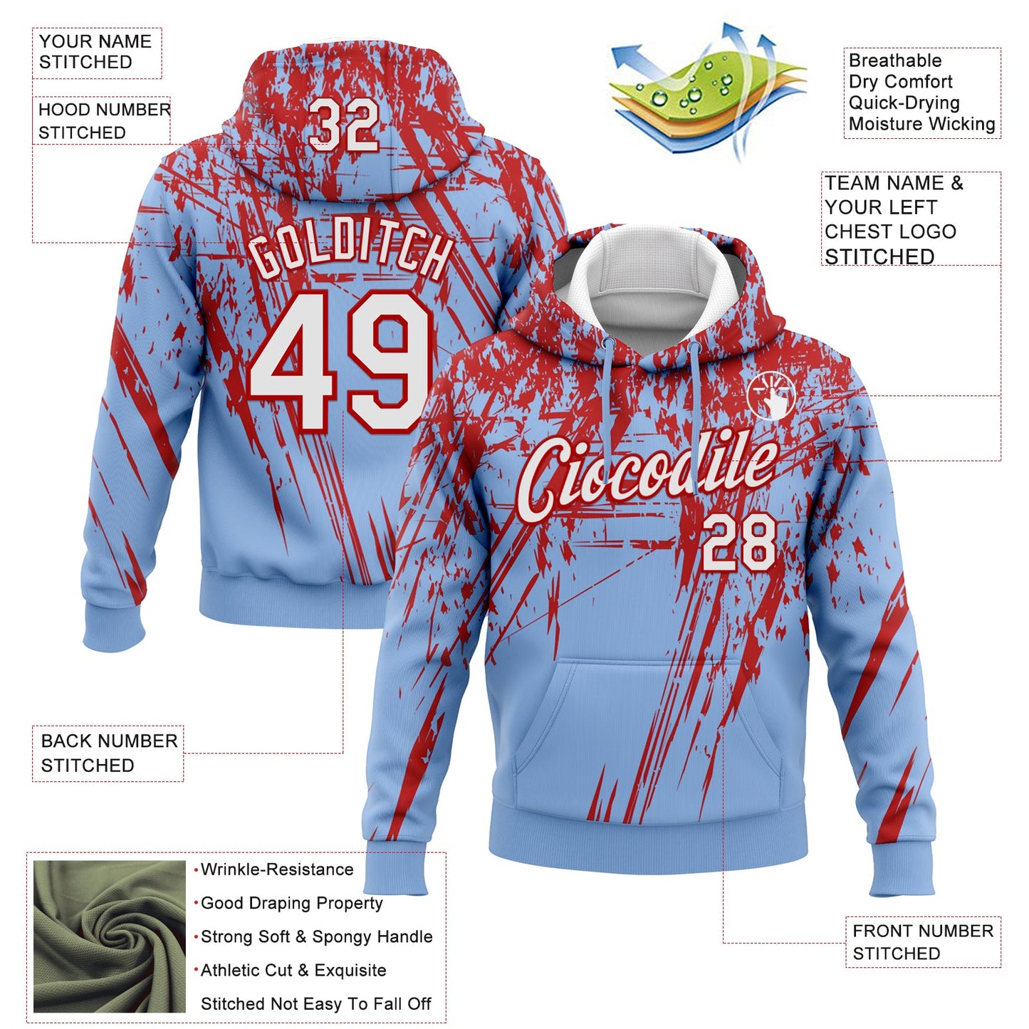 Custom Stitched Light Blue White-Red 3D Pattern Design Splash Grunge Art Sports Pullover Sweatshirt Hoodie