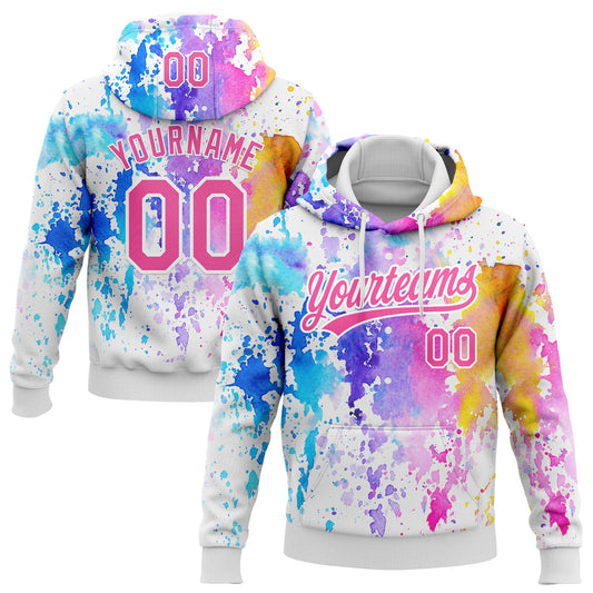 Custom Stitched White Pink 3D Pattern Design Watercolor Grunge Art Sports Pullover Sweatshirt Hoodie