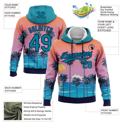 Custom Stitched Orange Teal Pink Blue-Navy 3D Sun Beach Hawaii Palm Trees Sports Pullover Sweatshirt Hoodie