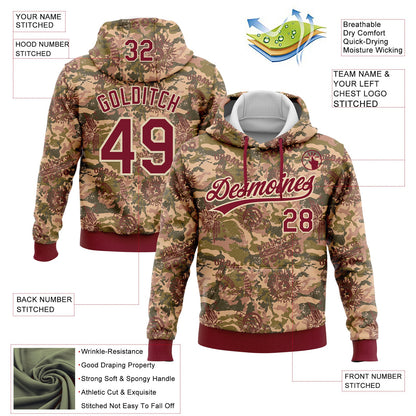 Custom Stitched Camo Crimson-Cream 3D Military Badge Sports Pullover Sweatshirt Salute To Service Hoodie