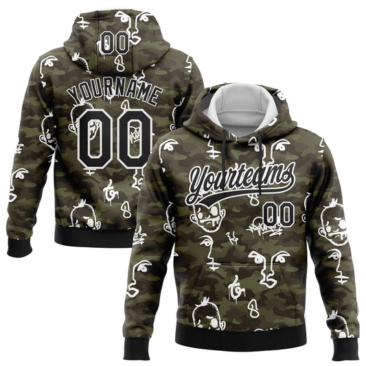 Custom Stitched Camo Black-White 3D Hand Painted Face Sports Pullover Sweatshirt Salute To Service Hoodie
