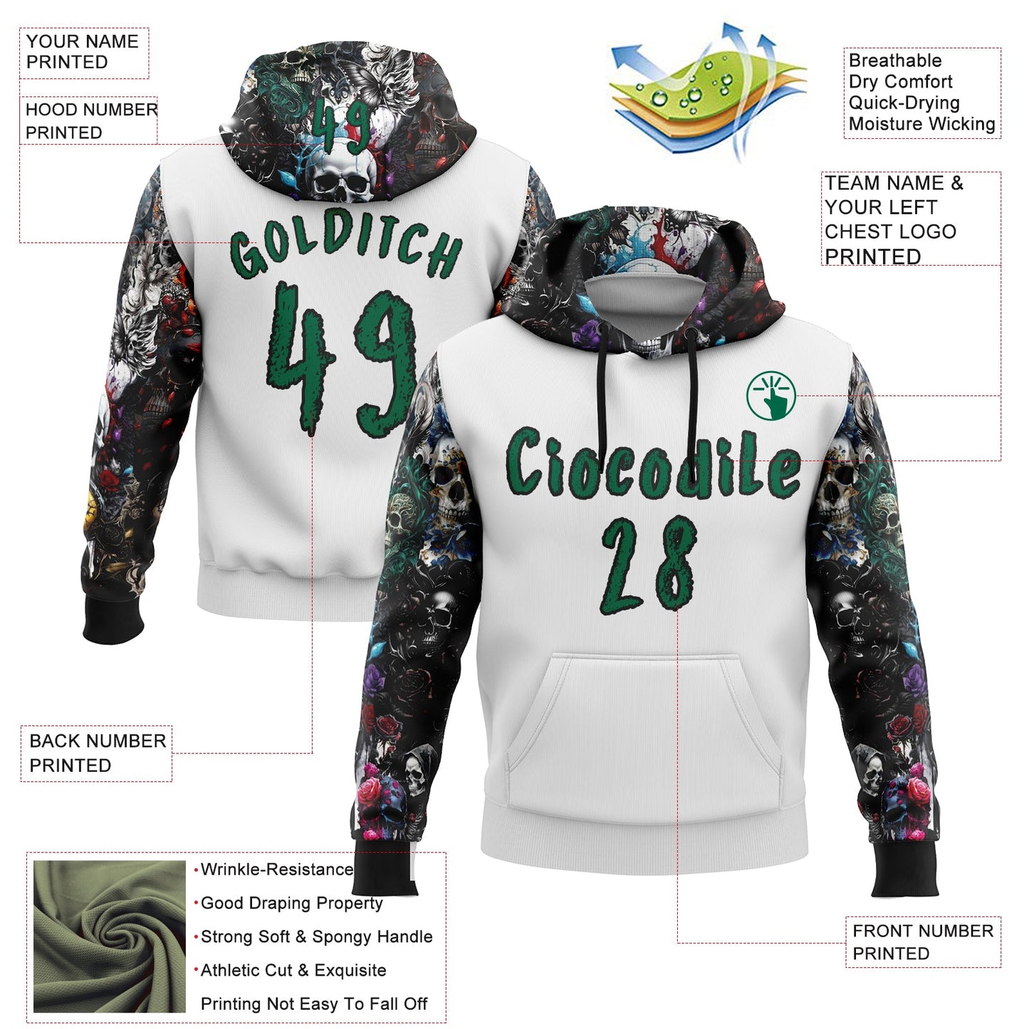 Custom White Kelly Green-Black 3D Skull Roses Floral Sports Pullover Sweatshirt Hoodie