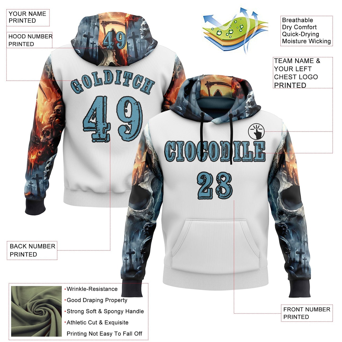 Custom White Shadow Blue-Black 3D Skull Cross Sports Pullover Sweatshirt Hoodie
