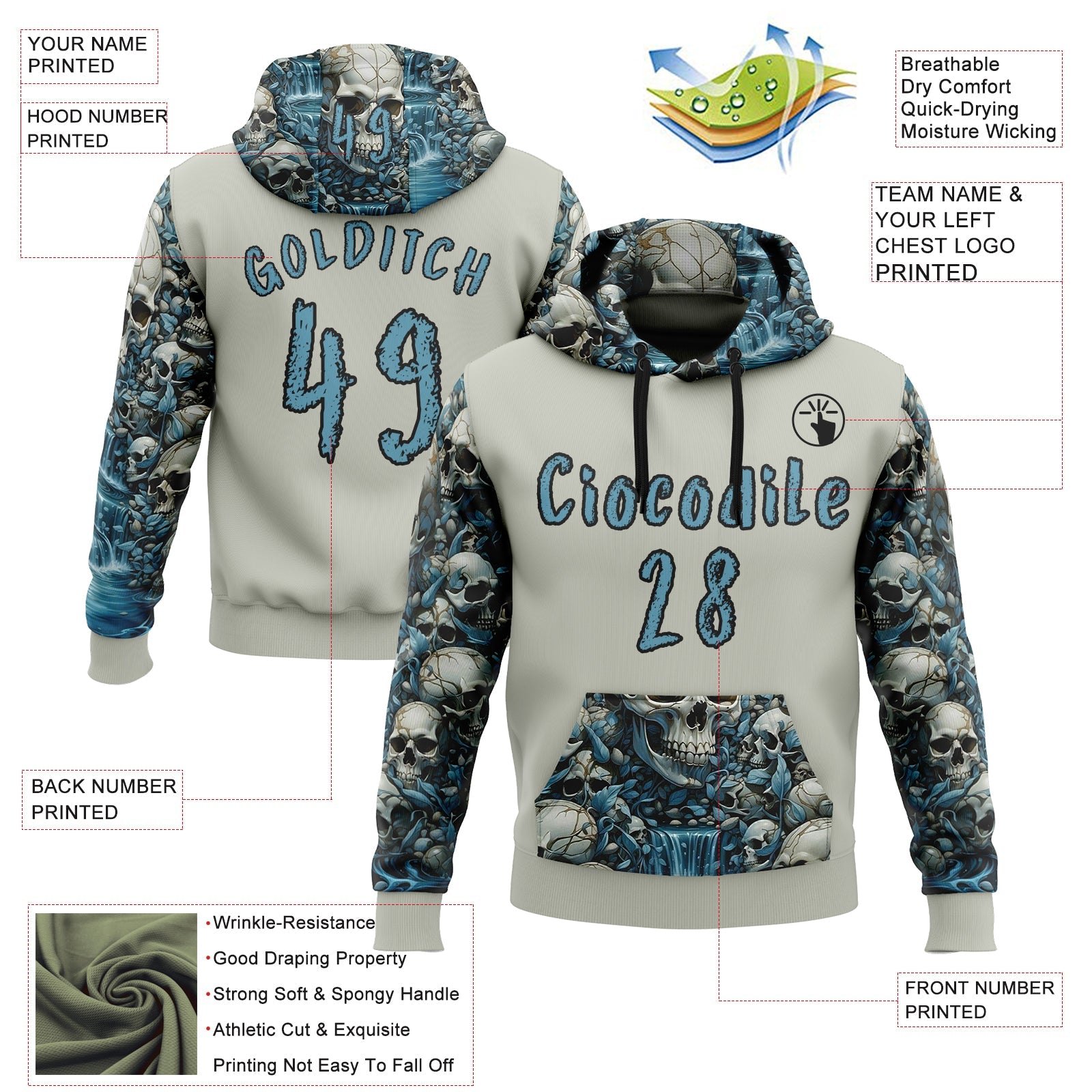 Custom Gray Shadow Blue-Black 3D Skull Floral Sports Pullover Sweatshirt Hoodie