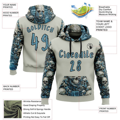 Custom Gray Shadow Blue-Black 3D Skull Floral Sports Pullover Sweatshirt Hoodie