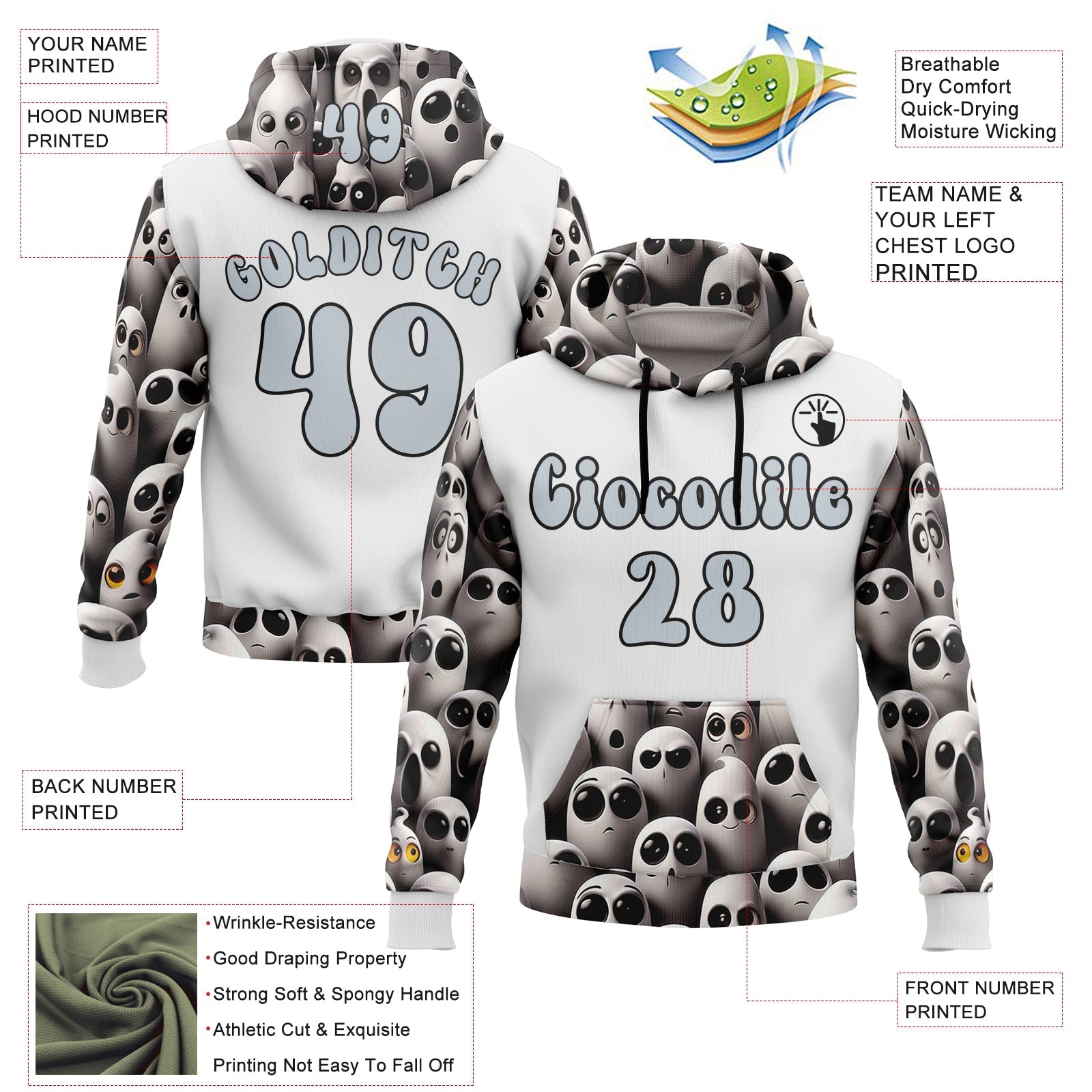Custom White Silver-Black 3D Skull Funny Soul Sports Pullover Sweatshirt Hoodie