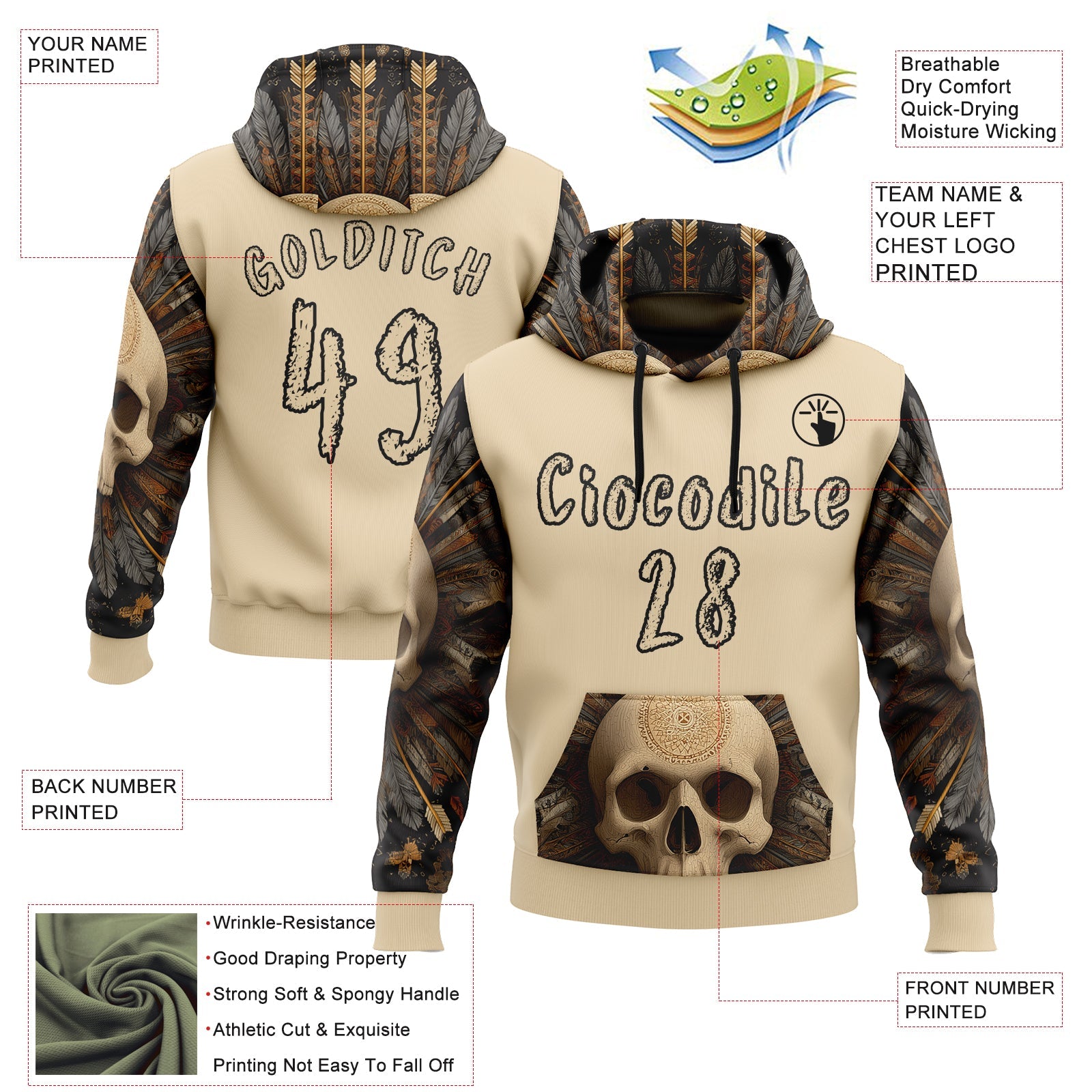 Custom City Cream Black 3D Skull Chief Sports Pullover Sweatshirt Hoodie