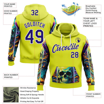 Custom Neon Yellow Dark Purple-White 3D Skull Psychedelic Sports Pullover Sweatshirt Hoodie