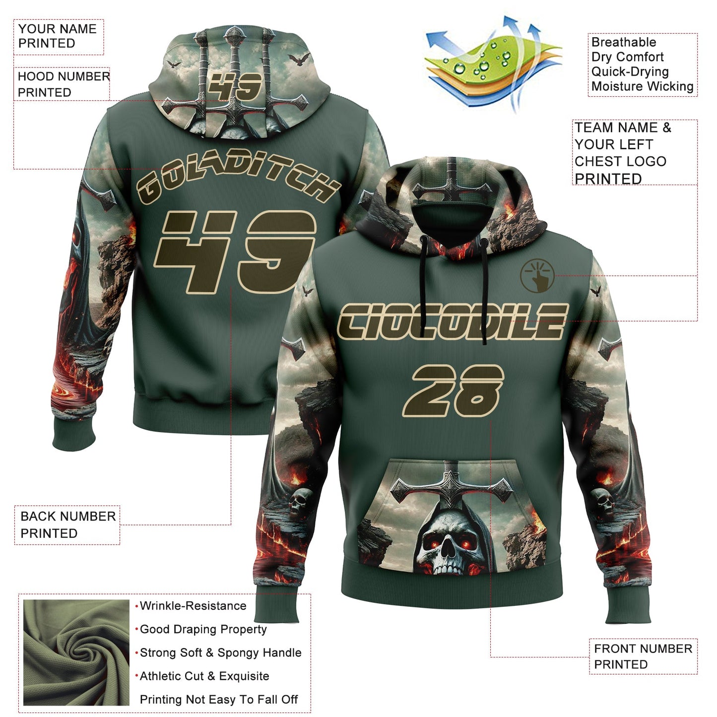 Custom Green Olive-City Cream 3D Skull Hell Cross Sports Pullover Sweatshirt Hoodie