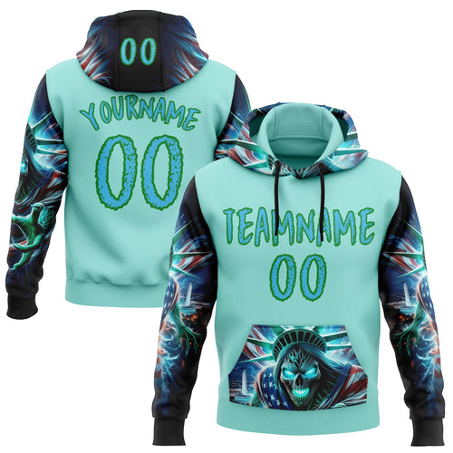 Custom Ice Blue Sky Blue-Grass Green 3D Skull Statue Of Liberty Sports Pullover Sweatshirt Hoodie