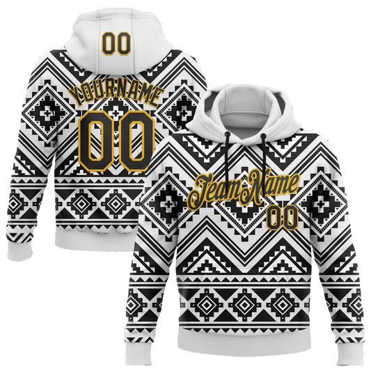 Custom Stitched White Black-Gold 3D Mexico Aztec Pattern Sports Pullover Sweatshirt Hoodie
