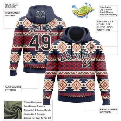 Custom Stitched Navy Black Red-White 3D Mexico Aztec Pattern Sports Pullover Sweatshirt Hoodie