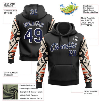 Custom Stitched Black Navy Cream Orange-White 3D Mexico Aztec Pattern Sports Pullover Sweatshirt Hoodie