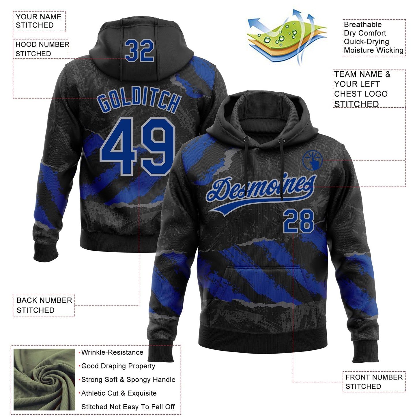 Custom Stitched Black Royal Gray-Steel Gray 3D Pattern Design Splash Sports Pullover Sweatshirt Hoodie