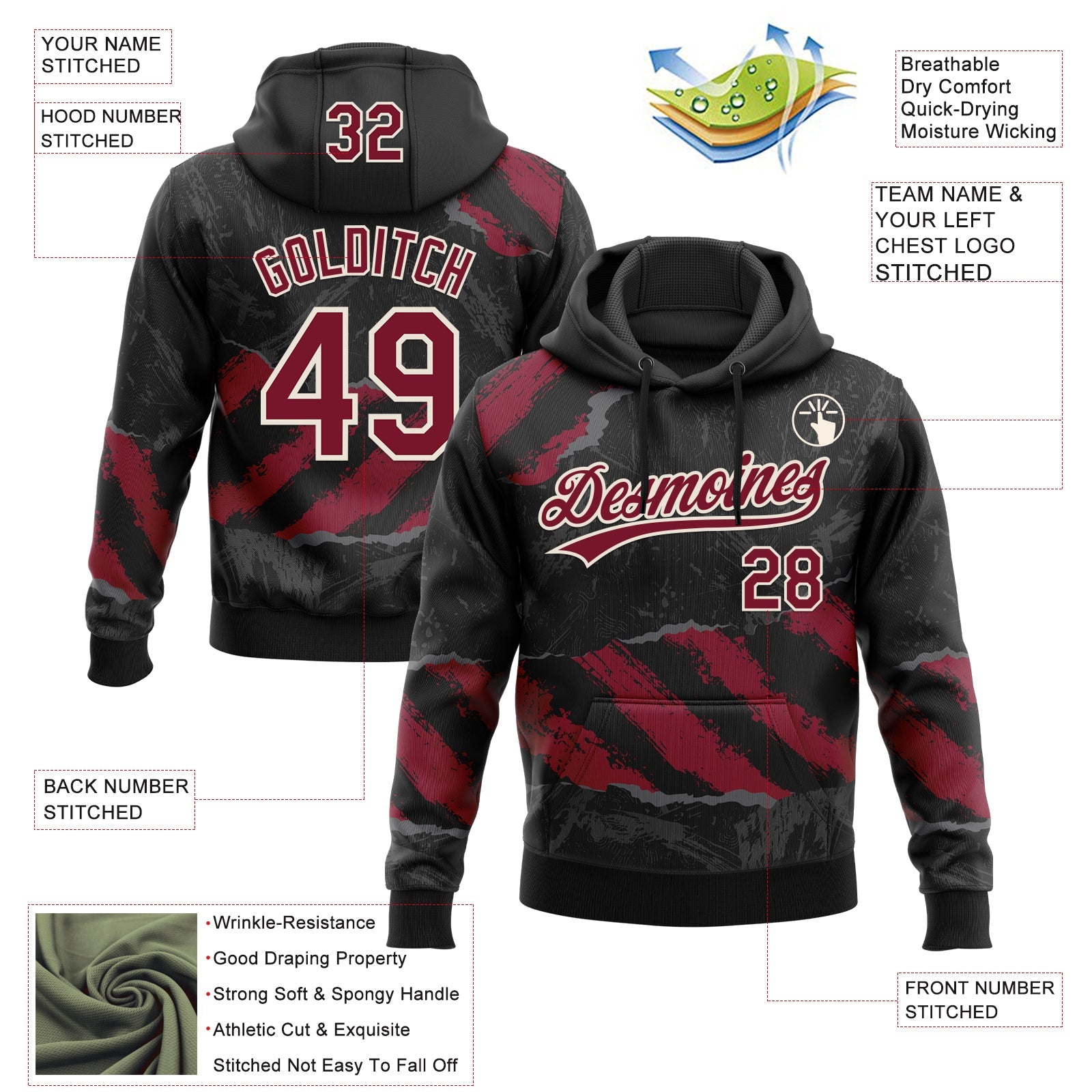 Custom Stitched Black Crimson Steel Gray-Cream 3D Pattern Design Splash Sports Pullover Sweatshirt Hoodie