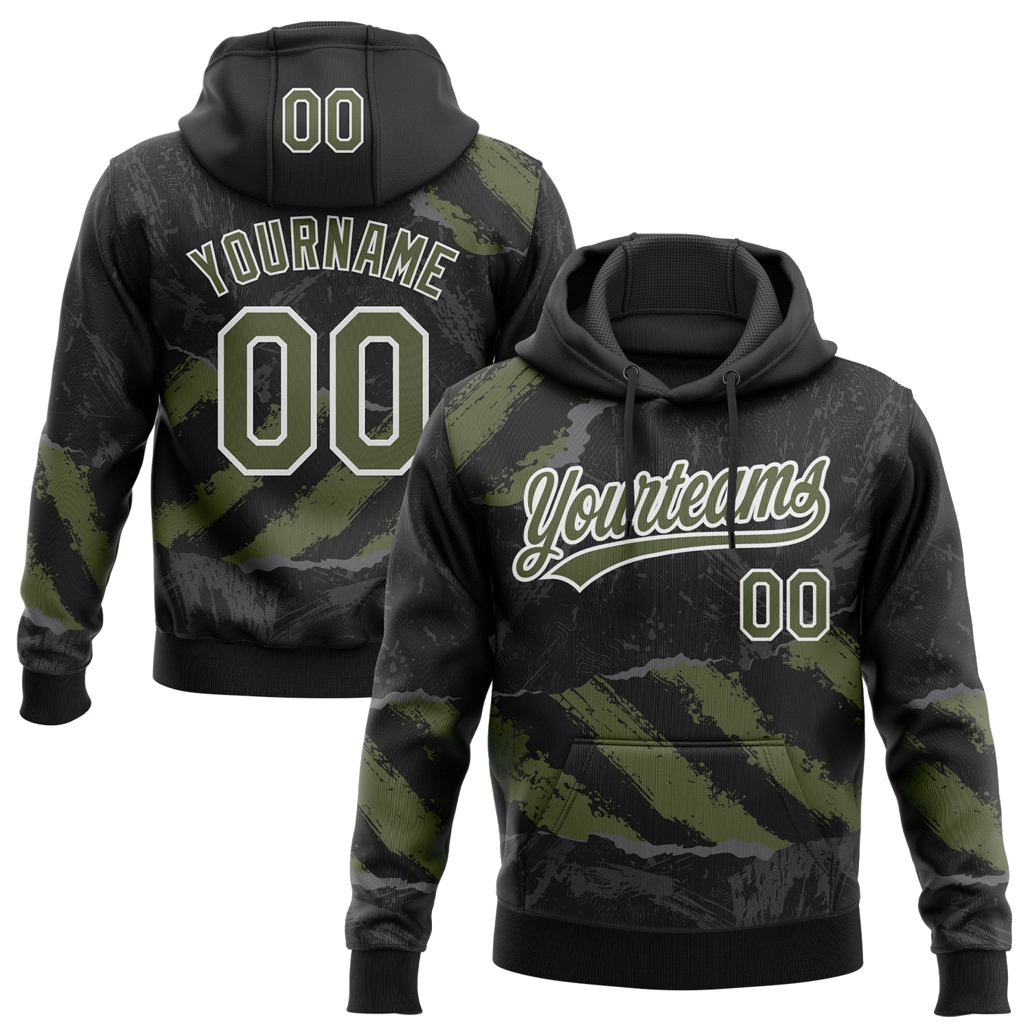 Custom Stitched Black Olive Steel Gray-White 3D Pattern Design Splash Sports Pullover Sweatshirt Hoodie