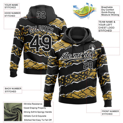 Custom Stitched Black Old Gold-White 3D Pattern Design Torn Paper Style Sports Pullover Sweatshirt Hoodie