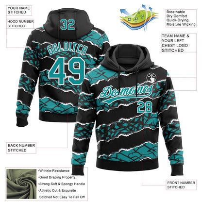 Custom Stitched Black Teal-White 3D Pattern Design Torn Paper Style Sports Pullover Sweatshirt Hoodie