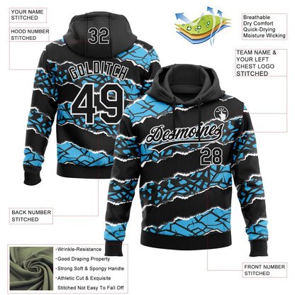 Custom Stitched Black Sky Blue-White 3D Pattern Design Torn Paper Style Sports Pullover Sweatshirt Hoodie
