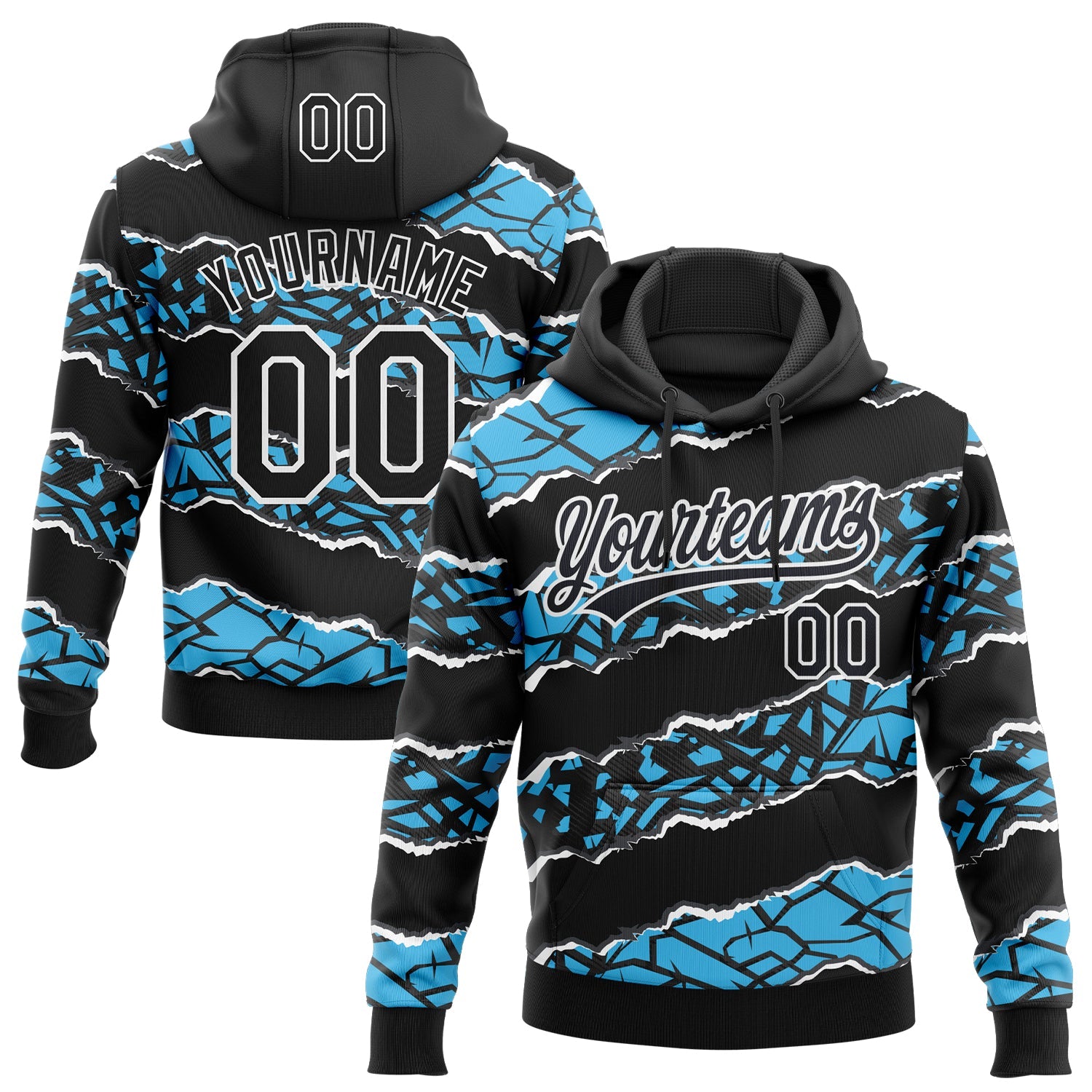 Custom Stitched Black Sky Blue-White 3D Pattern Design Torn Paper Style Sports Pullover Sweatshirt Hoodie