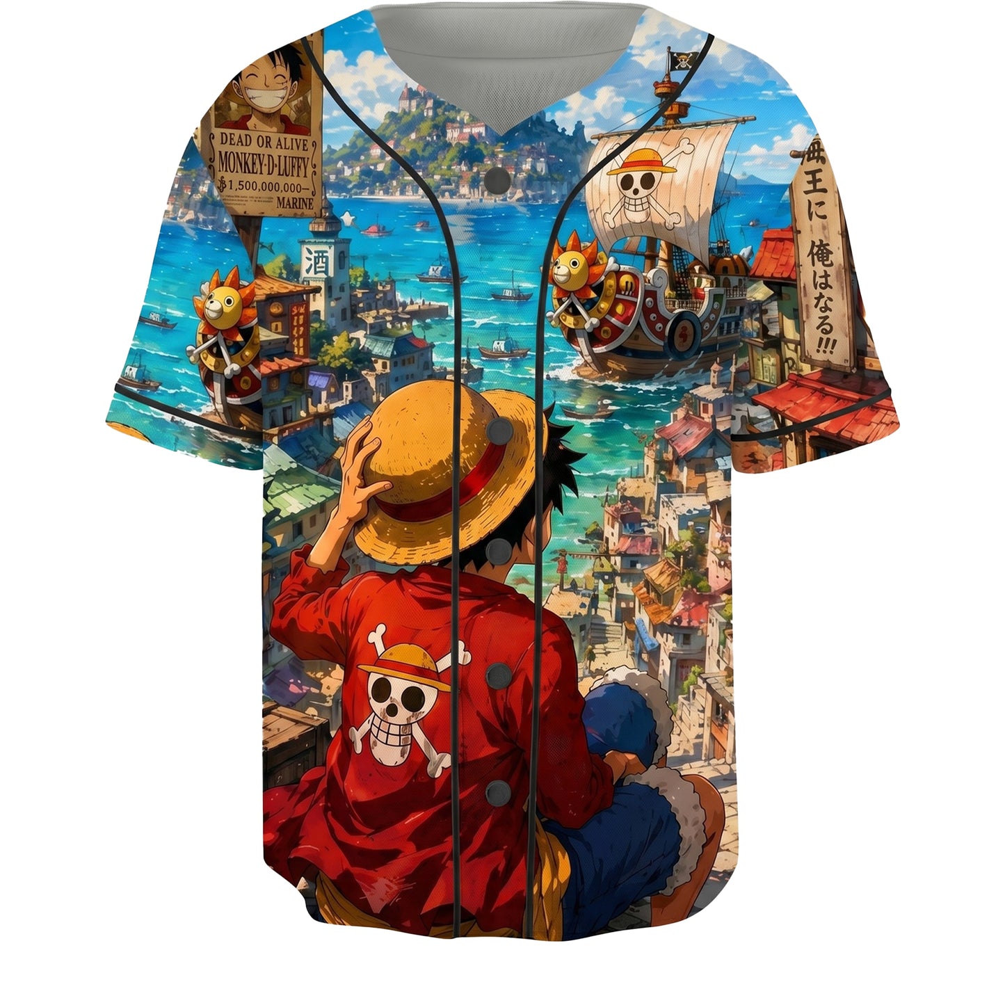 Red Blue Authentic Baseball Jersey, Anime Pirate Inspired Button Up Jersey, Manga Fan Cosplay Sports Shirt
