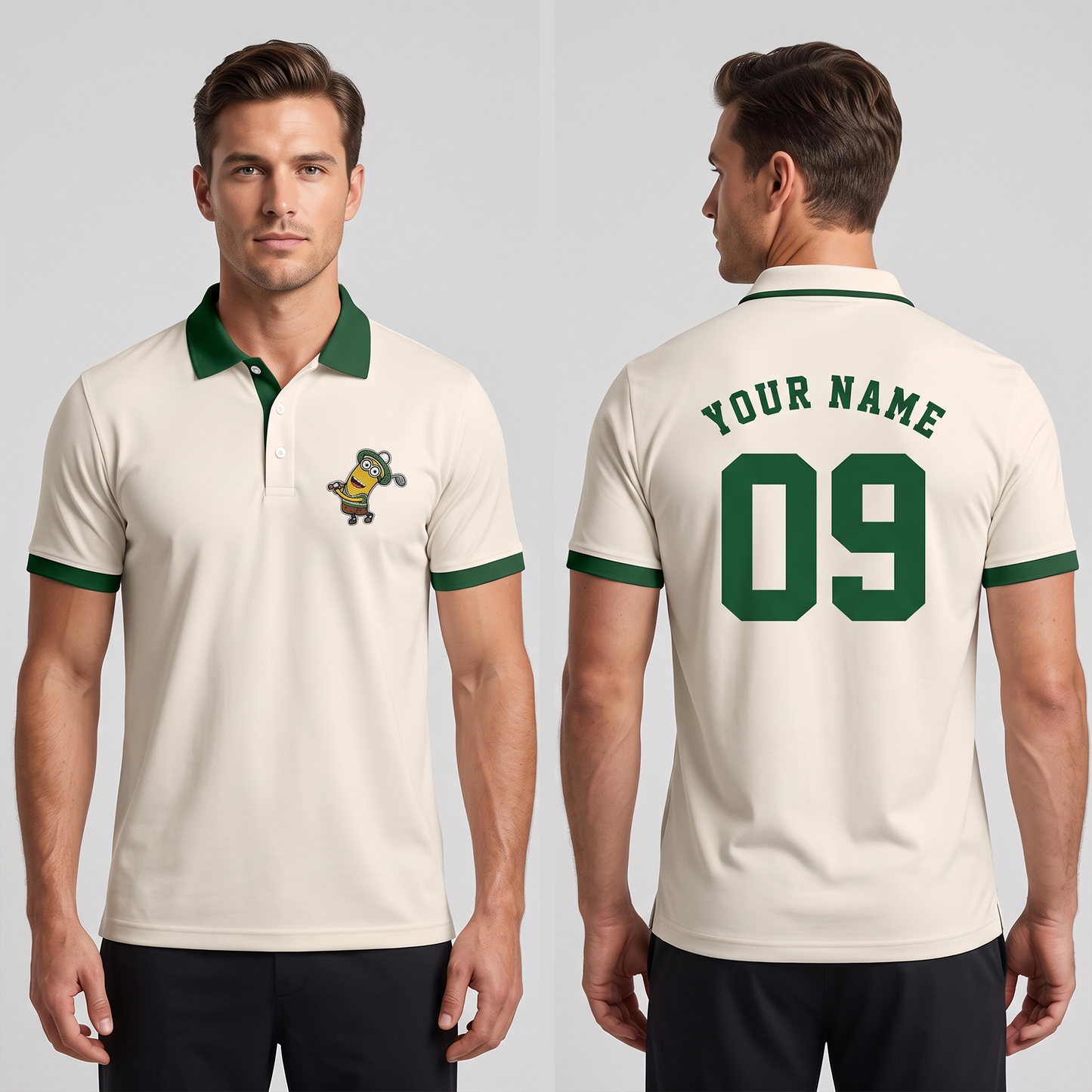 Custom Name Number Polo Shirt, Personalized Men’s Jersey Polo, Cream Green Casual Golf Shirt, Birthday Team Gift