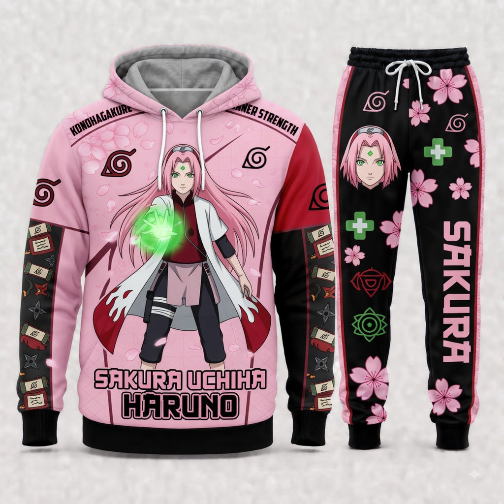 Haruno Sakura Hoodie & Sweatpants Tracksuit Set — Naruto Shippuden Inspired - Custom Fan Apparel Image 3