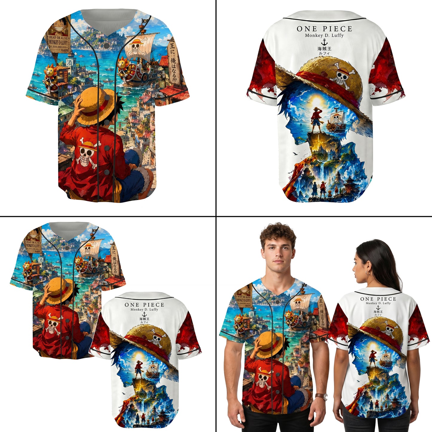 Red Blue Authentic Baseball Jersey, Anime Pirate Inspired Button Up Jersey, Manga Fan Cosplay Sports Shirt