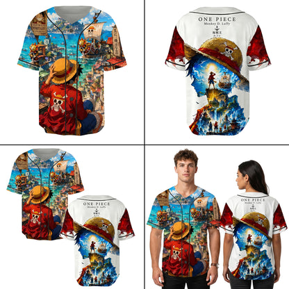 Red Blue Authentic Baseball Jersey, Anime Pirate Inspired Button Up Jersey, Manga Fan Cosplay Sports Shirt